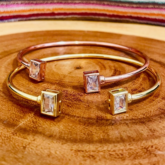 Two Tone Baguette Cut CZ Adjustable Cuff Bangle Duo Gold & Rose Gold Filled - Picture 3 of 10